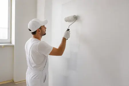 نقاش حرفه‌ای در حال اعمال پرایمر روی دیوار گچی با غلتک