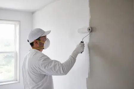 یک نقاش حرفه‌ای در حال رنگ‌آمیزی دیوار داخلی با رنگ اکریلیک پایه آب با استفاده از غلتک